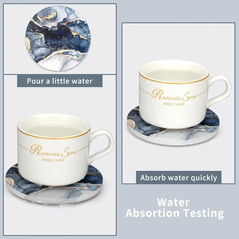6 Pcs Navy Blue Marble Abstract Ceramic Coasters with Holder Best Absorbent Drin